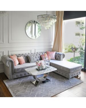 Chesterfield corner sofa with fold-out bedroom function, upholstered in glamour style