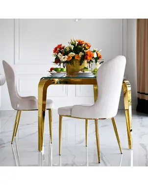 Stół złoty z białym szklanym blatem do jadalni, glamour, stalowy, designerski ELITE