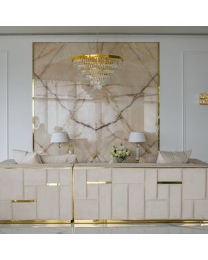 Sofa glamour ekskluzywna narożna nowoczesna, tapicerowana, złota, beżowa, narożnik lewostronny EMPORIO