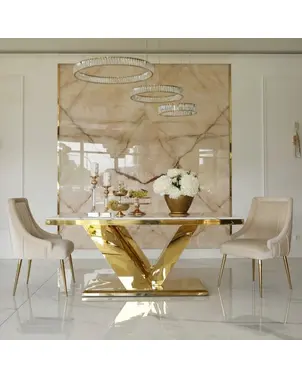 Stół glamour złoty z białym marmurowym blatem, nowoczesny, ekskluzywny do jadalni LV COLLECTION