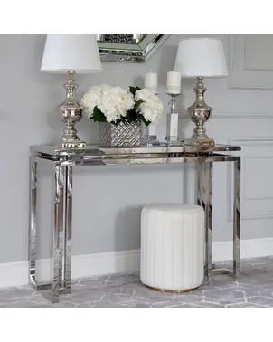 Konsola glamour, srebrna, nowoczesna stal nierdzewna, szklany blat OSKAR