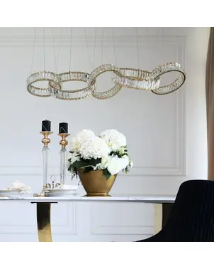 CRYSTAL 5 glamorous crystal chandelier, modern, designer, oblong hanging lamp, gold rings