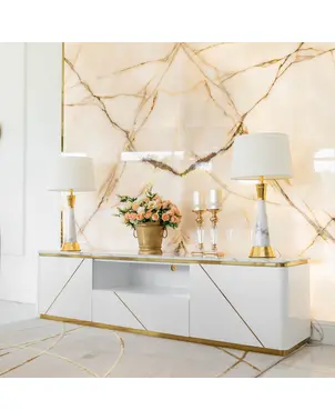 Komoda RTV glamour wysoki połysk nowoczesna biała złota, pod telewizor AVENUE