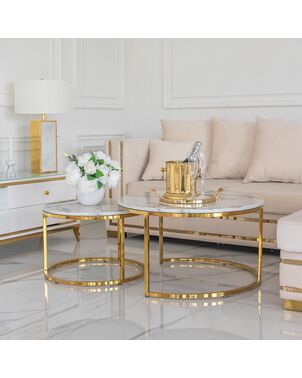 Stolik kawowy glamour MARCO GOLD, złoty z białym marmurem blatem OUTLET
