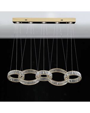 CRYSTAL 5 glamorous crystal chandelier, modern, designer, oblong hanging lamp, gold rings