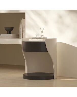 Luxurious round wooden nightstand with modern leather accents from AZURO