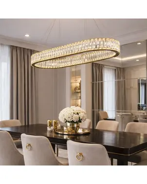 Crystal chandelier, ring, gold, modern glamor pendant lamp for the living room, adjustable ECLIPSE OVAL