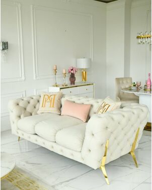 Glamor sofa, modern, quilted, glamor, modern, designer with a steel decorative leg, gold DIVA GOLD 235cm