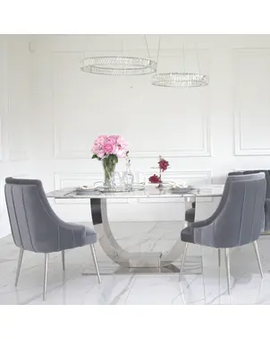 Stół glamour nowoczesny, designerski, srebrny z marmurowym białym blatem do jadalni ART DECO