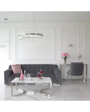 Stolik kawowy srebrny nowoczesny prostokątny z białym blatem marmur LOLA