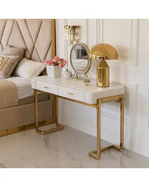 Konsola glamour, toaletka do sypialni, do garderoby, nowoczesna, beżowa, z szufladą, z lustrem złota AMORE