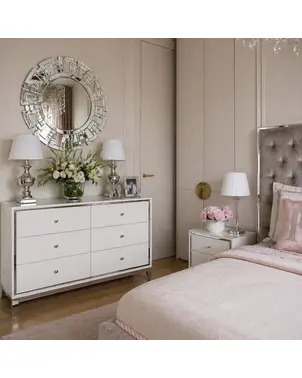 Komoda glamour lakierowana drewniana na stalowych nogach biała srebrna stylowa nowoczesna  Lorenzo M Silver