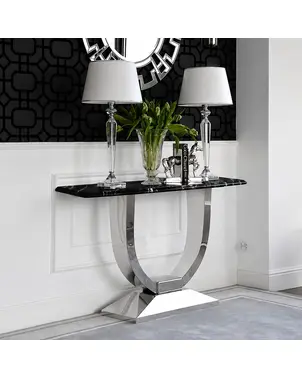 Konsola glamour w stylu nowoczesnym z czarnym marmurowym blatem srebrna ART DECO OUTLET