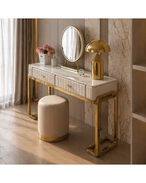 Konsola glamour, toaletka do sypialni, do garderoby, nowoczesna, beżowa, z szufladą, z lustrem złota AMORE