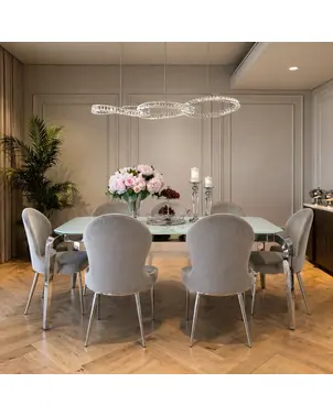 Ekskluzywne krzesło do jadalni glamour, stalowe proste nogi, wygodne, nowoczesne, szare, srebrne LOUIS