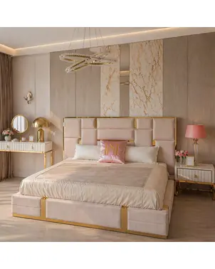 Łóżko designerskie beżowe złote tapicerowane z pojemnikiem 180x200cm EMPORIO