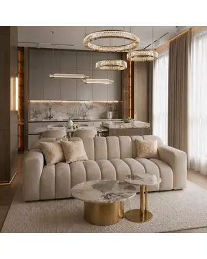 Ekskluzywna sofa beżowa 3 osobowa na złotej nodze LONDON