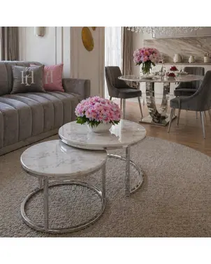 Coffee table modern silver glamour style with white stone top MARCO SILVER