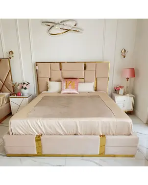 Łóżko designerskie beżowe złote tapicerowane z pojemnikiem 180x200cm EMPORIO