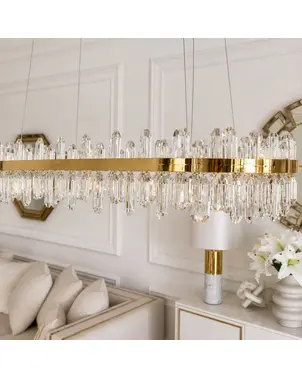 Żyrandol kryształowy złoty podłużny, duża ekskluzywna lampa wisząca nad stół BULGARI L 100cm