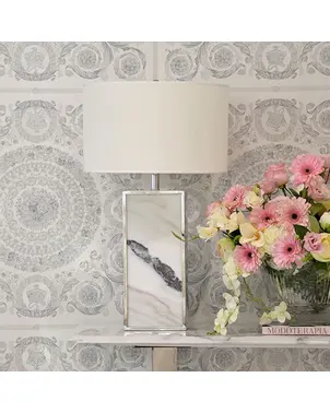 Lampa stołowa glamour klasyczna, nowoczesna, hamptons, prostokątna z białym abażurem,  srebrna VERONICA