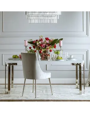 Stół glamour do jadalni, nowoczesny srebrny z białym szklanym blatem, stalowy 240cm BOND OUTLET