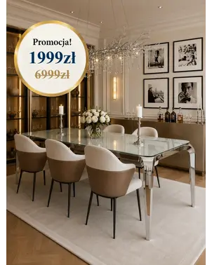 Designerski stół glamour ze szklanym blatem na tle roślin, dodający świeżości i elegancji. Meble na zamówienie od Primavera Home.