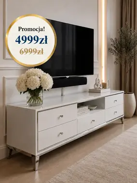 Komoda RTV glamour wysoki połysk biało srebrna Lorenzo L Silver w ciesznym wnętrzu. Meble na zamówienie od PRIMAVERA HOME.