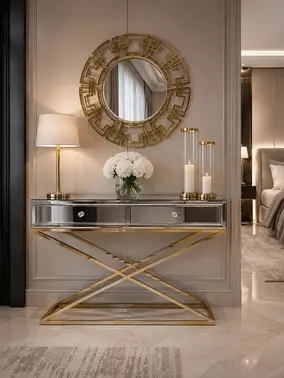 Aranżacja konsoli lustrzanej CHICAGO GOLD glamour stalowej złotej w nowoczesnym salonie, stworzona przez Primavera Home.