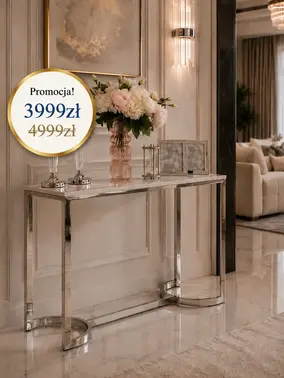 Nowoczesna srebrna konsola glamour LOLA na jasnym tle, eksponującym jej elegancki design. Meble na zamówienie od Primavera Home.