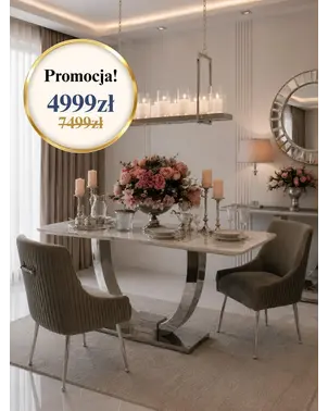Stół Nowoczesny Glamour przy pięknym widoku za oknem, tworzącym harmonijną całość. Meble na zamówienie od Primavera Home.