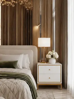 Szafka nocna w jasnym wnętrzu, zachwycająca designem od Primavera Home.