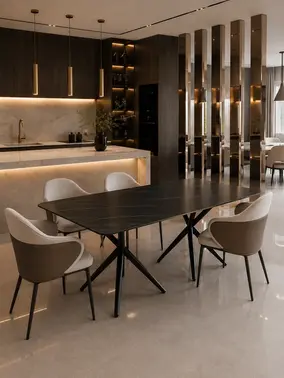 Perspektywa ukazująca stół, idealnie wpasowujący się w elegancką przestrzeń, oferowany przez Primavera Home.