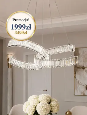 Prezentacja całego zestawu z żyrandolem kryształowym COMO Ringi Srebrny, doskonałe uzupełnienie nowoczesnych aranżacji od Primavera Home.
