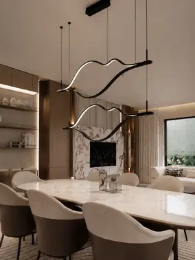 Aranżacja z Nowoczesnym Żyrandolem Wave Czarnym – Designerską Lampą Falą LED w eleganckim salonie, oferowaną przez Primavera Home.