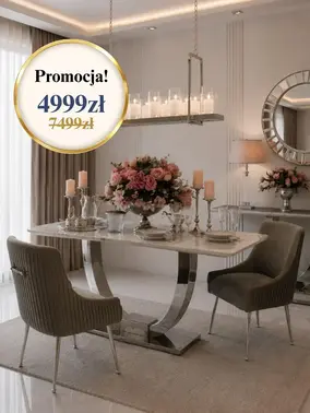 Stół Nowoczesny Glamour z marmurowym blatem w ujęciu z przodu. Ekspozycja w salonie od Primavera Home.