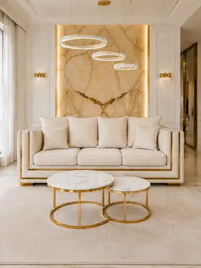 Złota Sofa Rozkładana Palace – Nowoczesna i Ekskluzywna w zbliżeniu, prezentująca jakość tkaniny, dostępna w Primavera Home.