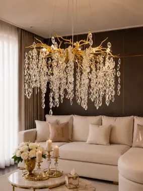 Żyrandol kryształowy złoty QUEEN widoczny z okna. Ekspozycja w salonie od Primavera Home.