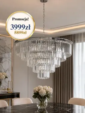 Kryształowy żyrandol okrągły, nowoczesny lampa wisząca, srebrny GLAMOUR M widoczny od dołu. Aranżacja nowoczesnego wnętrza od Primavera Home.