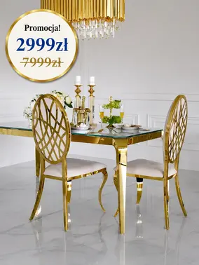 Designerski stół do jadalni, glamour, ze szklanym blatem, stalowy, złoty ELITE widoczny z boku, idealny do aranżacji nowoczesnego wnętrza. Meble na zamówienie od Primavera Home.