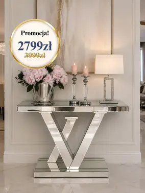 Konsola lustrzana galmour srebrna nowoczesna LV w aranżacji nowoczesnego wnętrza, doskonale dopełniająca elegancki salon. Ekspozycja w salonie od Primavera Home.