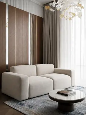 Luksusowa nowoczesna sofa rozkładana do salonu MODERNO w wersji rozłożonej. Aranżacja nowoczesnego wnętrza od Primavera Home.