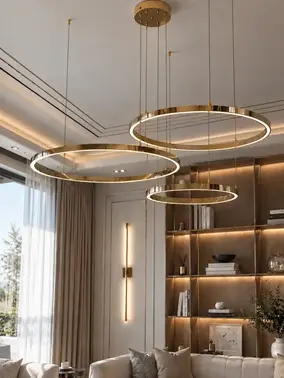 Lampa glamour led okrągła z połyskiem ring regulowana w ujęciu z przodu. Oświetlenie na zamówienie od Primavera Home.