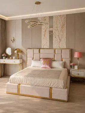 Detal wykończenia łóżka glamour, ukazujący jakość materiałów. Aranżacja nowoczesnego wnętrza od Primavera Home.