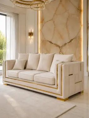 Złota Sofa Rozkładana Palace – Nowoczesna i Ekskluzywna w ujęciu z boku. Aranżacja nowoczesnego wnętrza od Primavera Home.