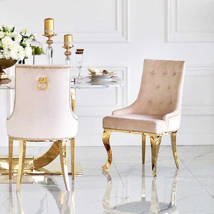 Gold upholstered chair on bent steel legs, beige MADAME 