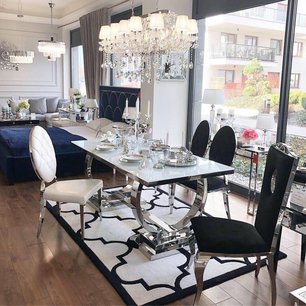 Exclusive modern glamor table for the dining room, white glass, steel top, silver MARCELLO 180cm OUTLET 