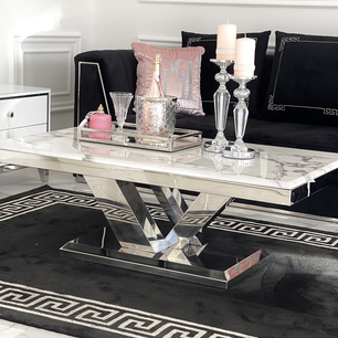 Glamour-Couchtisch, für das Wohnzimmer, modern, weißer Marmor, Silber LV COLLECTION 