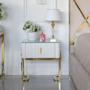 Modern glamor bedside table, beige, gold, side table with drawer AMORE 