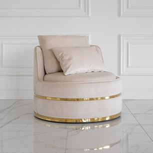 Stylish armchair ROUND stone swivel velvet beige gold 91x92x71cm 